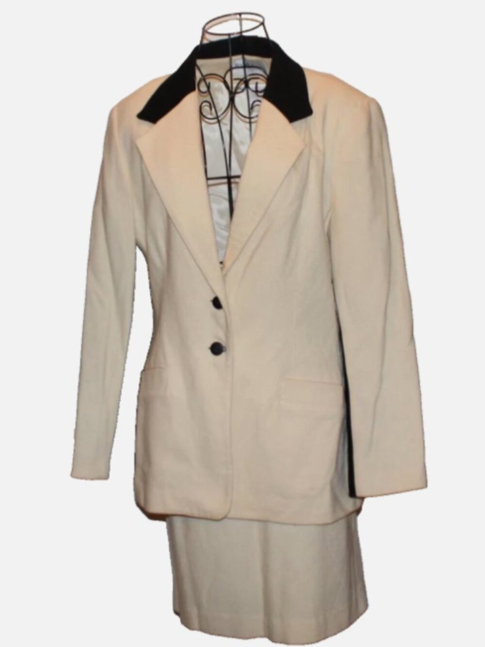 Vtg Moda Spiegel 14 Skirt Suit Cream Black Velvet Button Trim 80s Wool blend USA